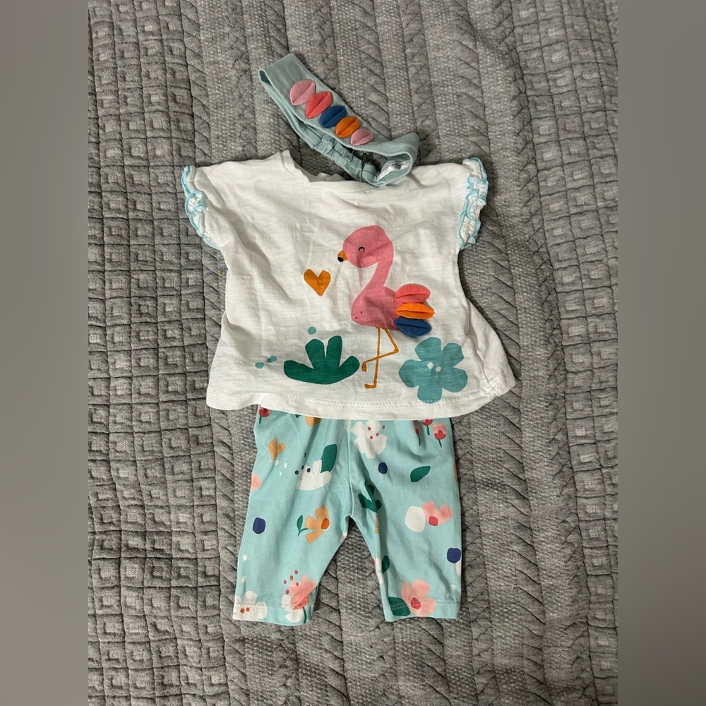 Mayoral Baby Flamingo Set in White and Gray with Pink Accents